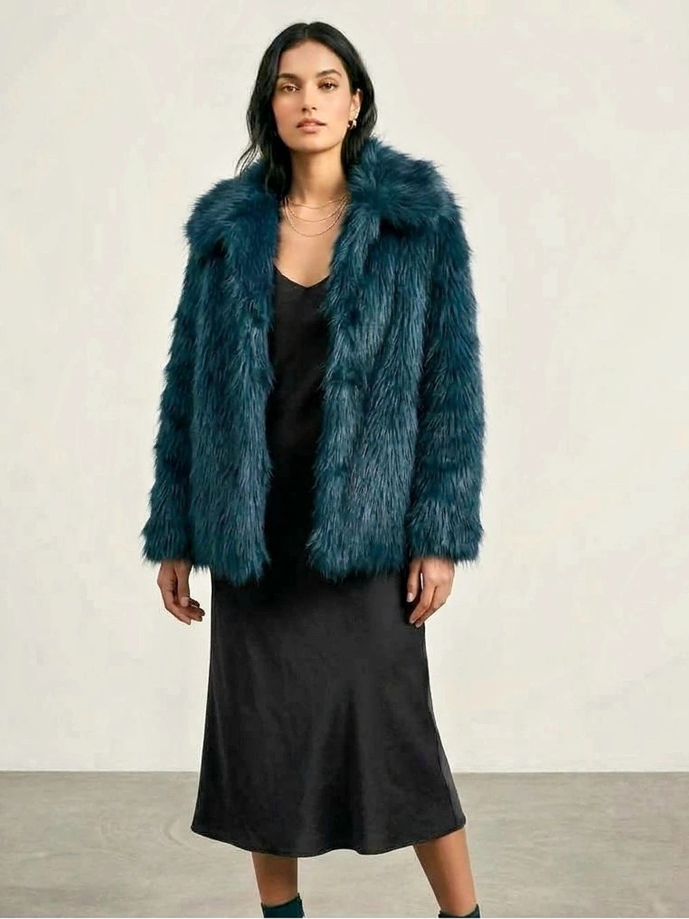 Topshop Faux Fur Longline Jacket Dark Teal & Black Size 6 Women’s Like New